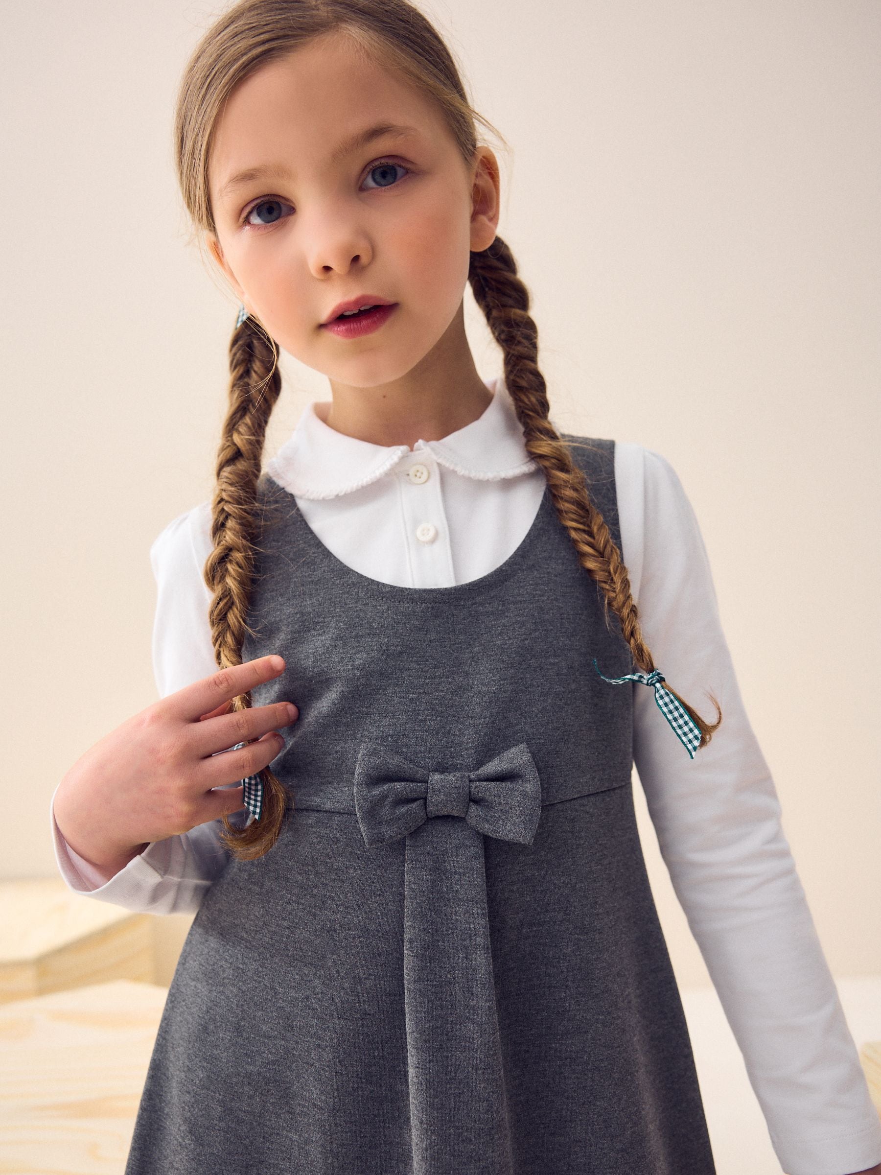 Grey Jersey Stretch Bow School Pinafore (3-14yrs) image 3
