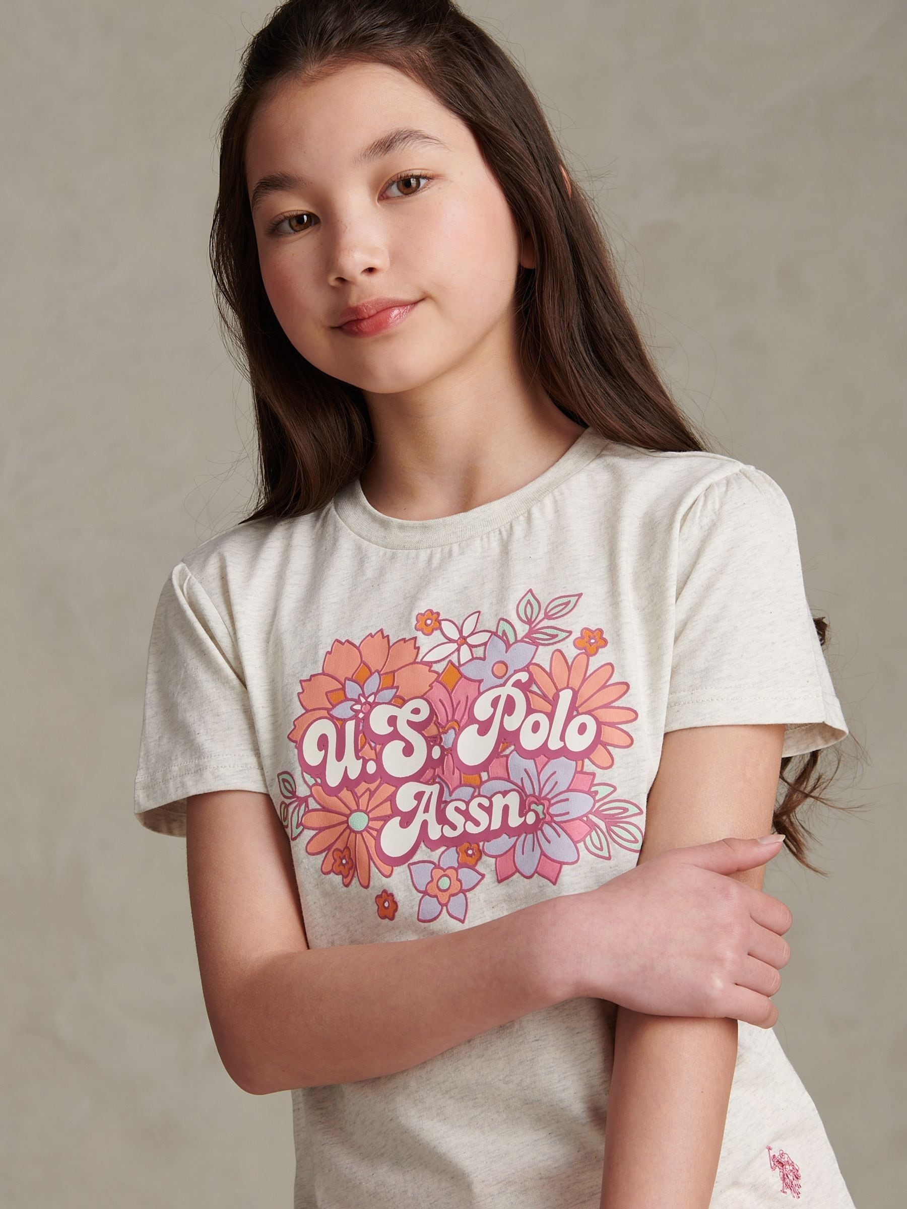 Dsiney Kidz - U.S. Polo Assn Grey Floral Graphic Puff Sleeve T-Shirt image 2