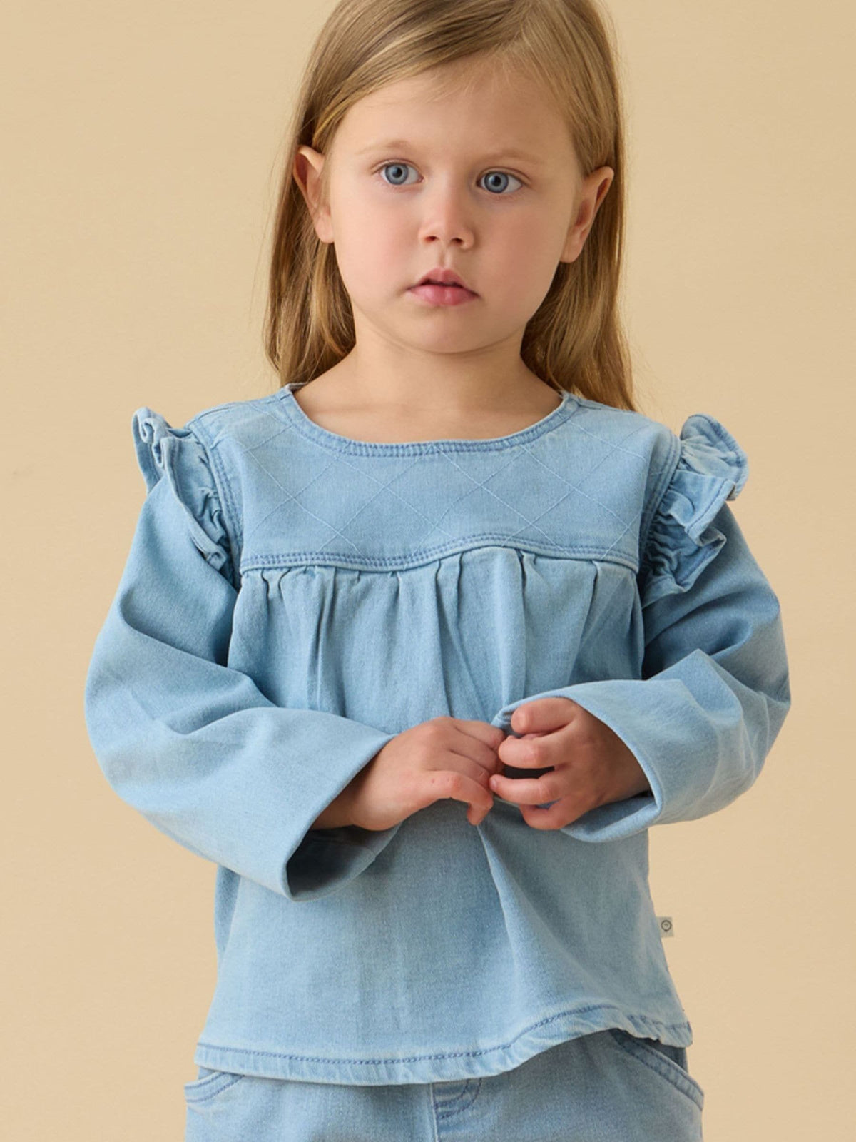 MORI Blue Denim Frill Long Sleeve Blouse - image 1