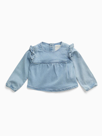 MORI Blue Denim Frill Long Sleeve Blouse - image 2