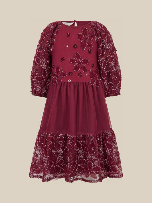 Monsoon Red Floral Embellished Long Sleeve Mesh Dress - image 1