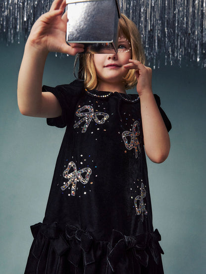 Monsoon Black Mara Sequin Bow Velvet Swing Dress - image 1