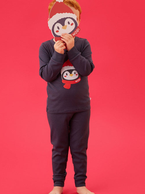 MORI Blue Supersoft Ribbed Christmas Penguin Placement Print Pyjamas Set - image 1