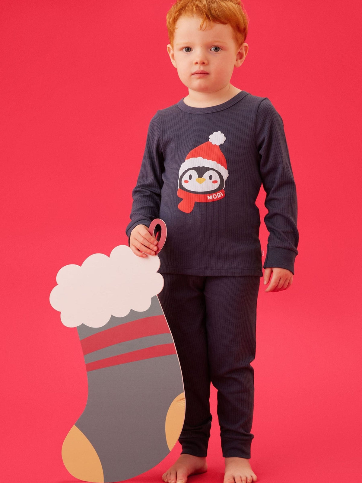 MORI Blue Supersoft Ribbed Christmas Penguin Placement Print Pyjamas Set - image 2