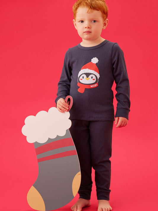 MORI Blue Supersoft Ribbed Christmas Penguin Placement Print Pyjamas Set - image 2