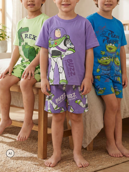 Dsiney Kidz - Vanilla Underground Green Toy Story Buzz Rex and Aliens Multi-Pack of 3 Short Sleeve Short Leg Pyjama Set image 1