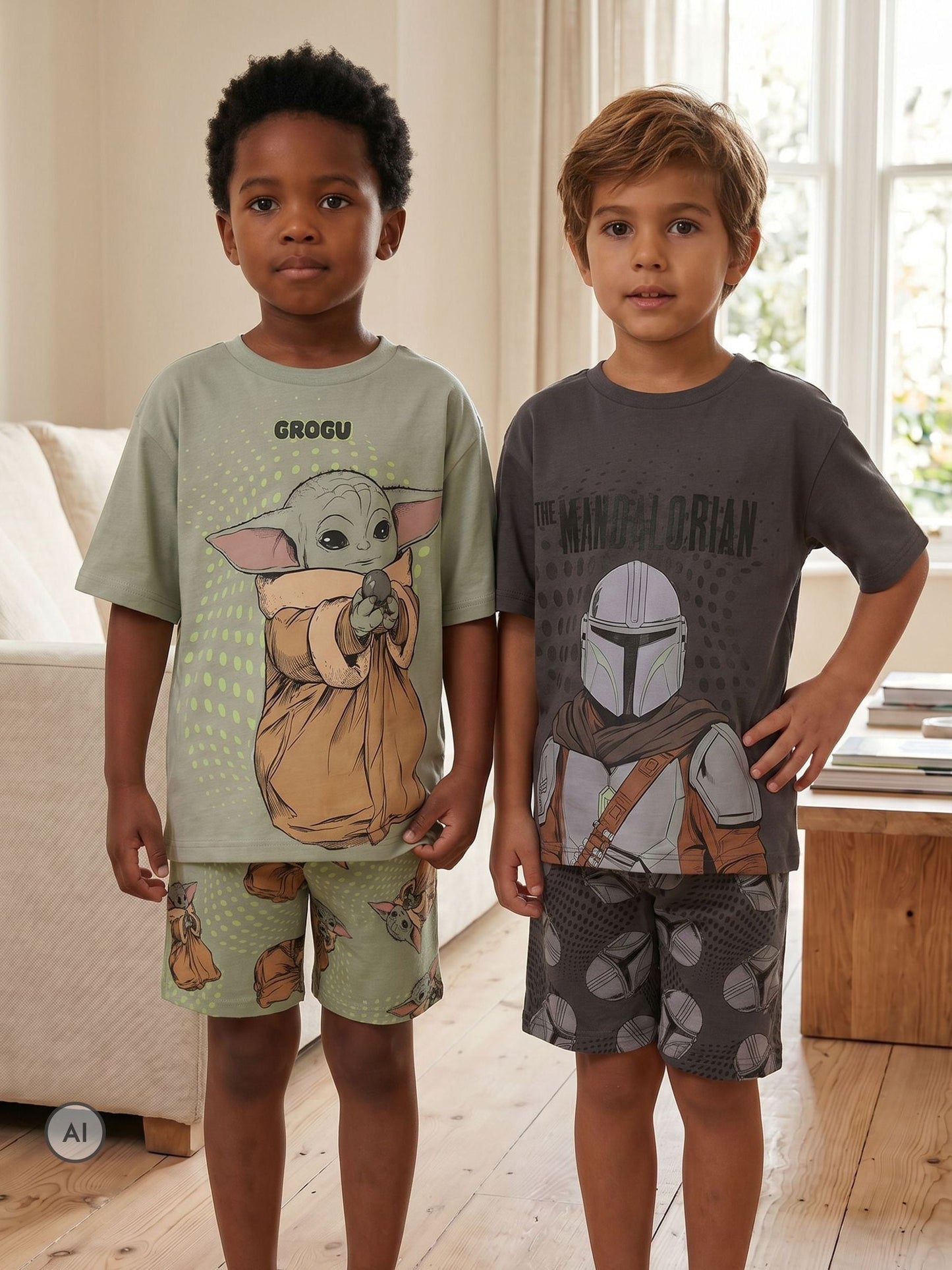 Dsiney Kidz - Vanilla Underground Grey Star Wars Mandalorian and Grogu Multi-Pack of 2 Short Sleeve Short Leg Pyjamas Set image 1