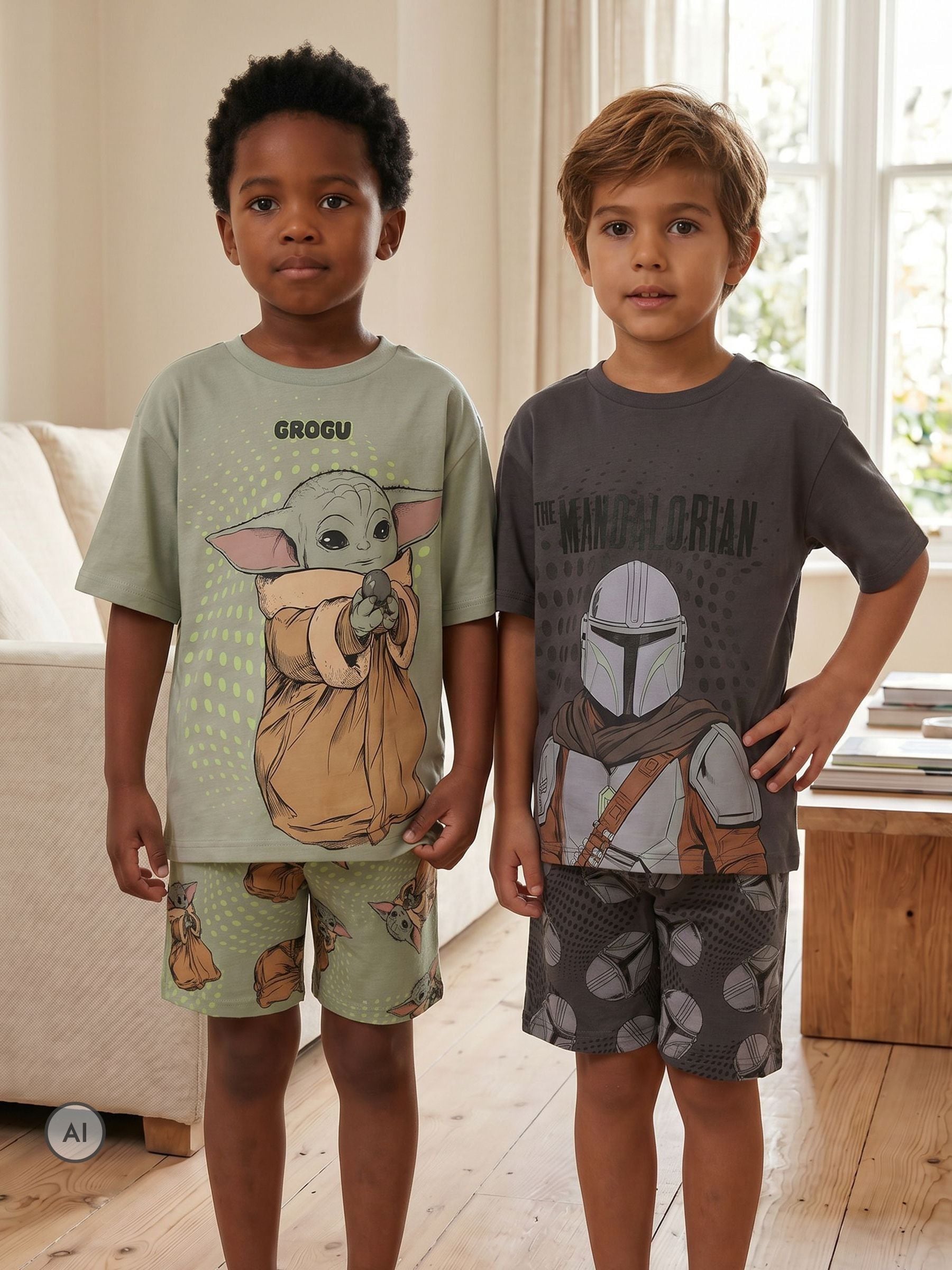 Dsiney Kidz - Vanilla Underground Grey Star Wars Mandalorian and Grogu Multi-Pack of 2 Short Sleeve Short Leg Pyjamas Set image 1