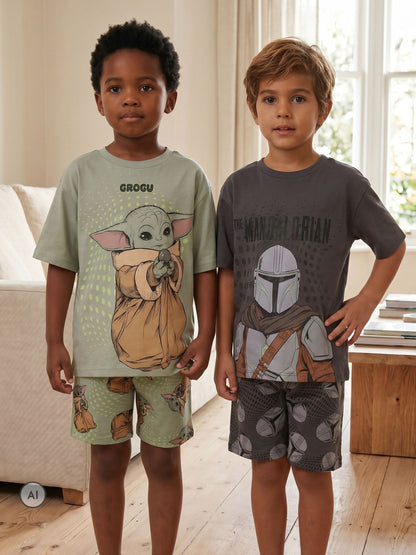 Dsiney Kidz - Vanilla Underground Grey Star Wars Mandalorian and Grogu Multi-Pack of 2 Short Sleeve Short Leg Pyjamas Set image 1
