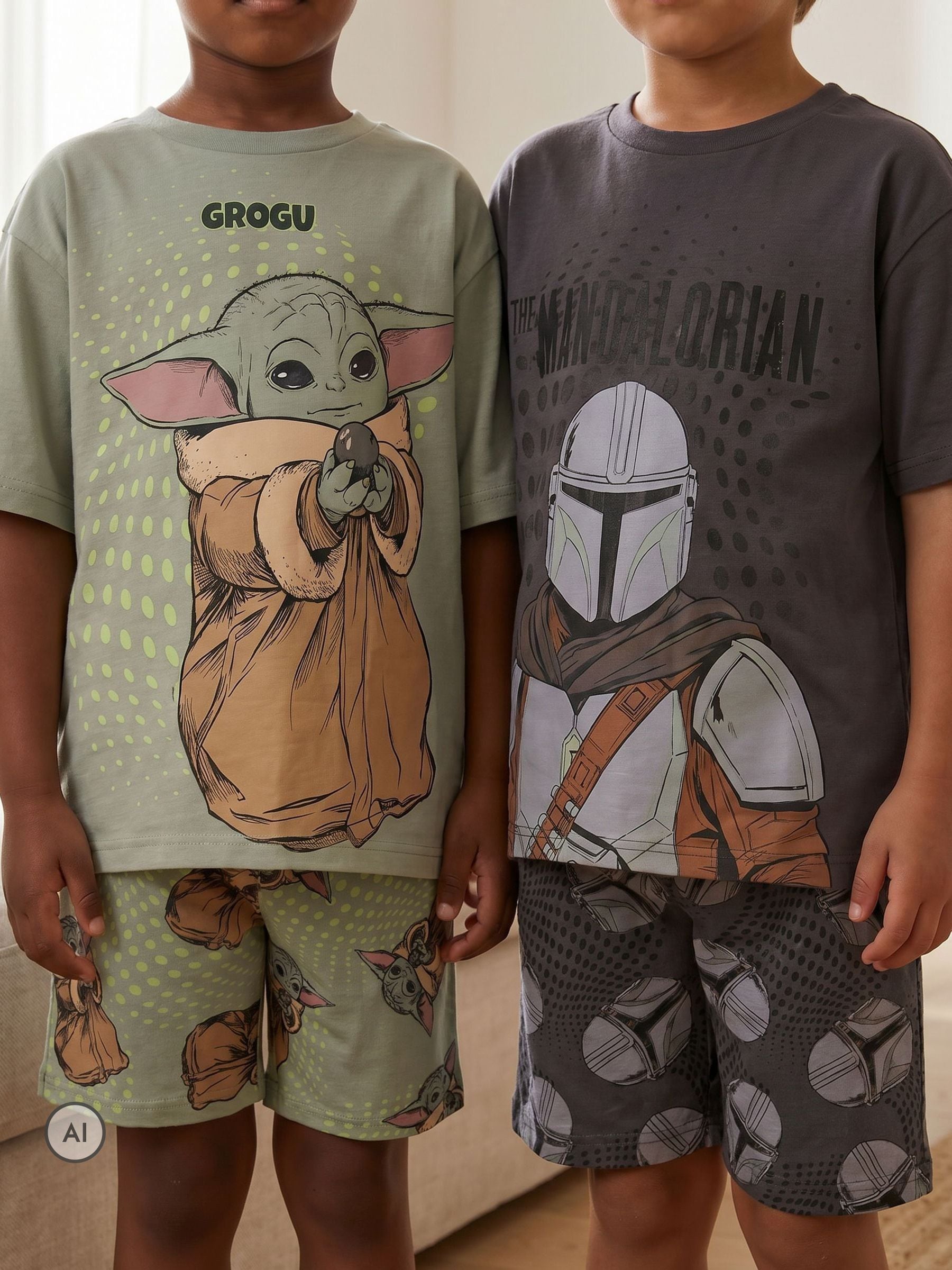 Dsiney Kidz - Vanilla Underground Grey Star Wars Mandalorian and Grogu Multi-Pack of 2 Short Sleeve Short Leg Pyjamas Set image 2
