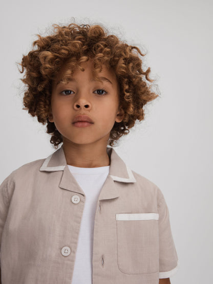 Dsiney Kidz - Reiss Stone/White Vitan 3-9 yrs Linen Contrast Cuban Collar Shirt image 1