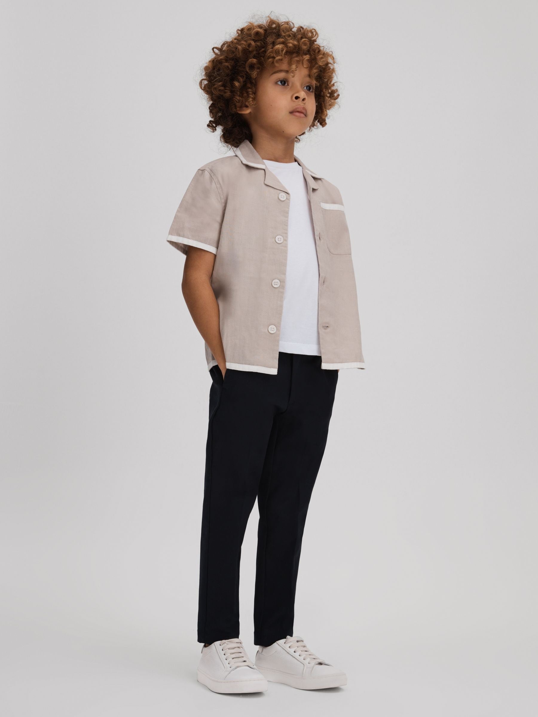Dsiney Kidz - Reiss Stone/White Vitan 3-9 yrs Linen Contrast Cuban Collar Shirt image 3