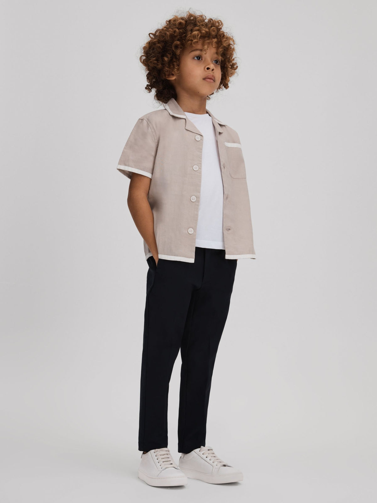 Dsiney Kidz - Reiss Stone/White Vitan 3-9 yrs Linen Contrast Cuban Collar Shirt image 3