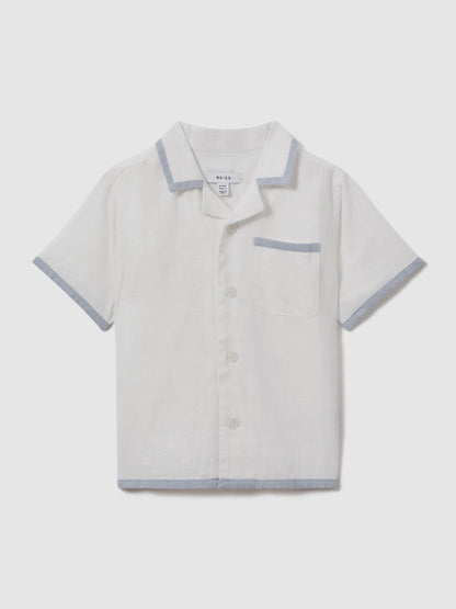Dsiney Kidz - Reiss White/Soft Blue Vitan 3-9 yrs Linen Contrast Cuban Collar Shirt image 1