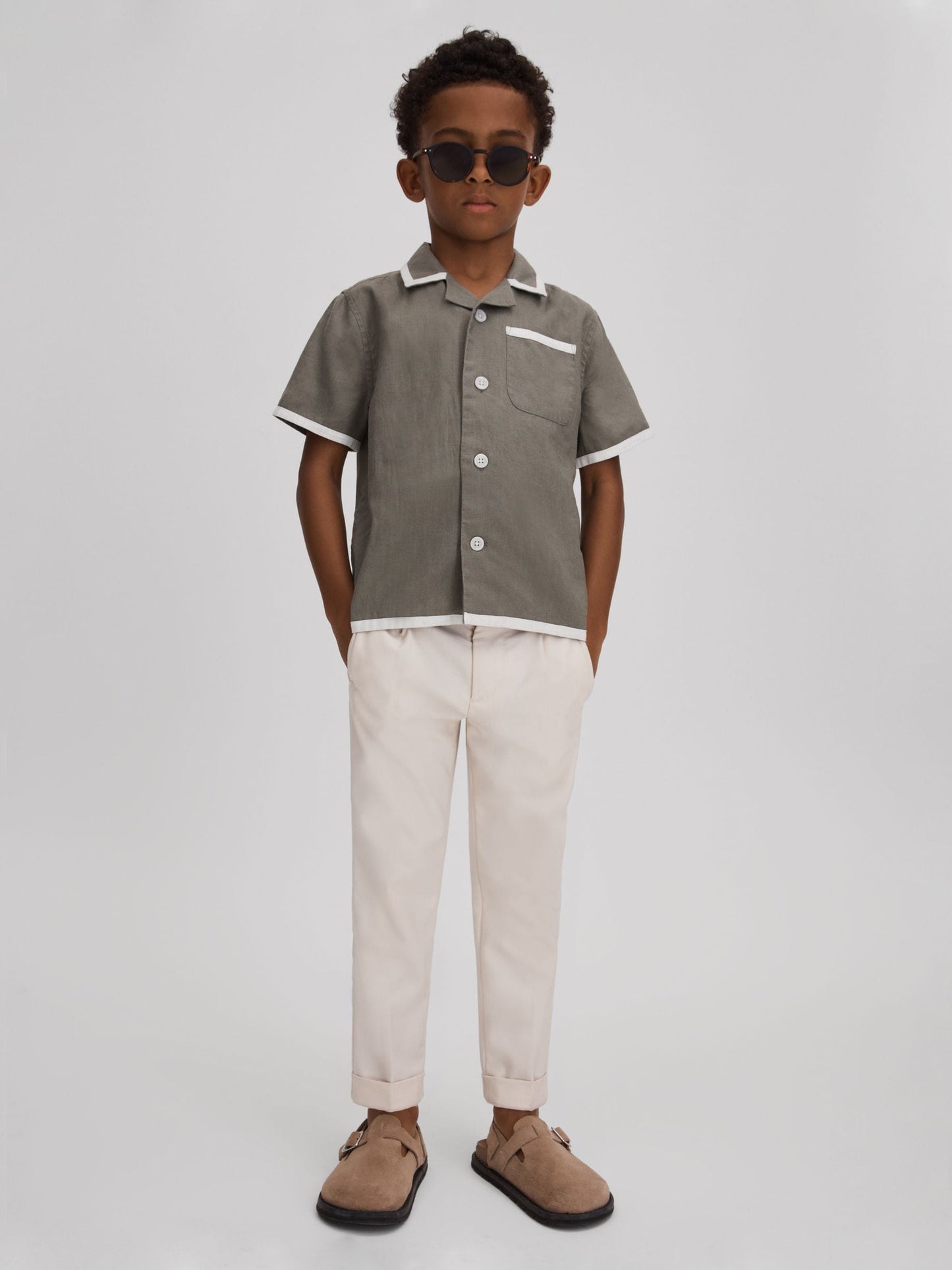 Dsiney Kidz - Reiss Khaki/White Vitan 3-9 yrs Linen Contrast Cuban Collar Shirt image 1