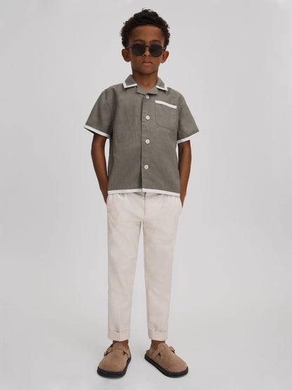 Dsiney Kidz - Reiss Khaki/White Vitan 3-9 yrs Linen Contrast Cuban Collar Shirt image 1
