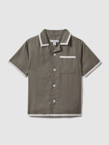 Dsiney Kidz - Reiss Khaki/White Vitan 3-9 yrs Linen Contrast Cuban Collar Shirt image 2