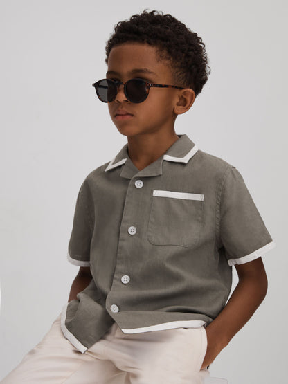 Dsiney Kidz - Reiss Khaki/White Vitan 3-9 yrs Linen Contrast Cuban Collar Shirt image 3