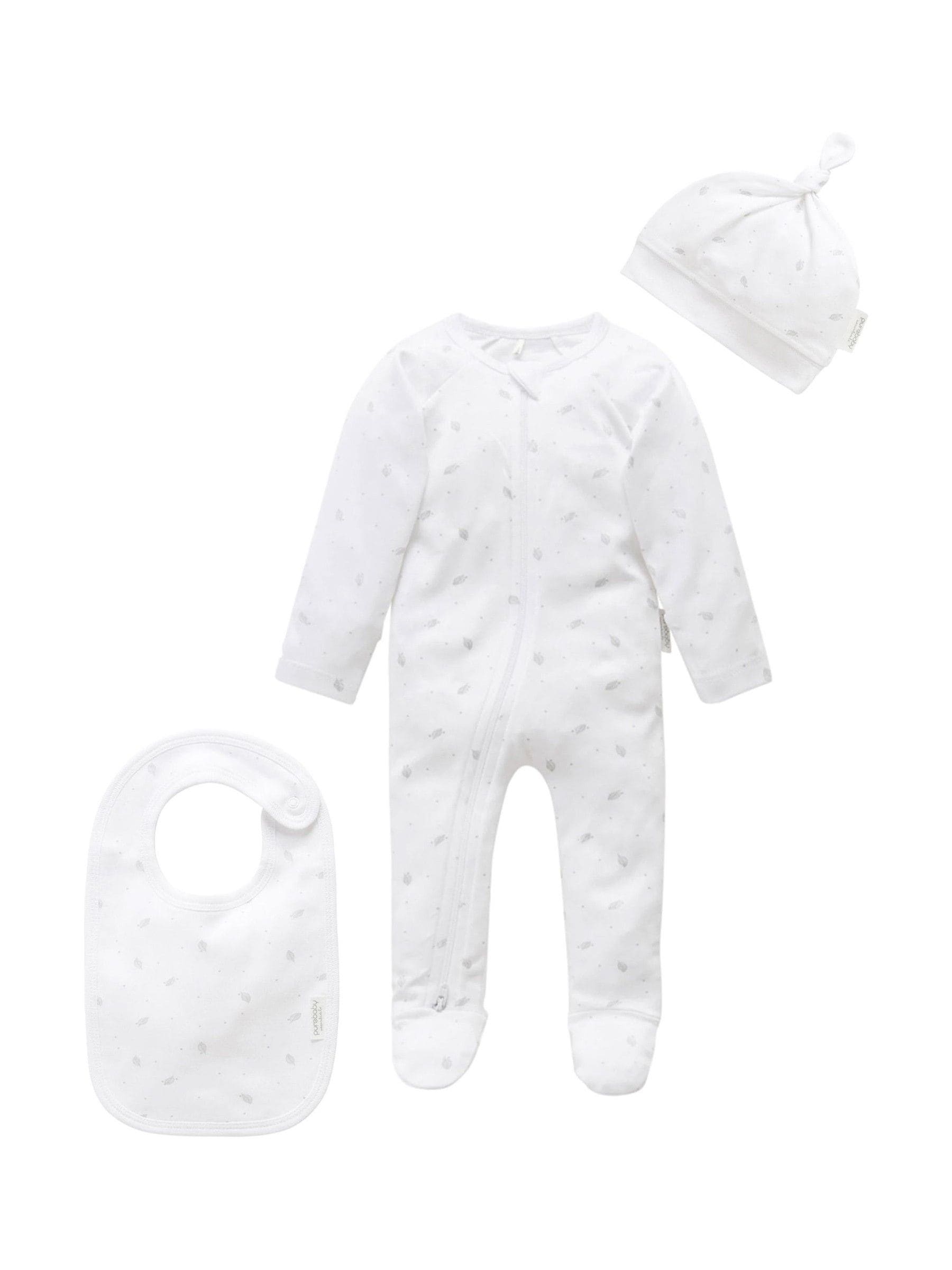 Purebaby Grey Baby 100% Cotton Hat Bib & Sleepsuit Set 3 Piece image 1