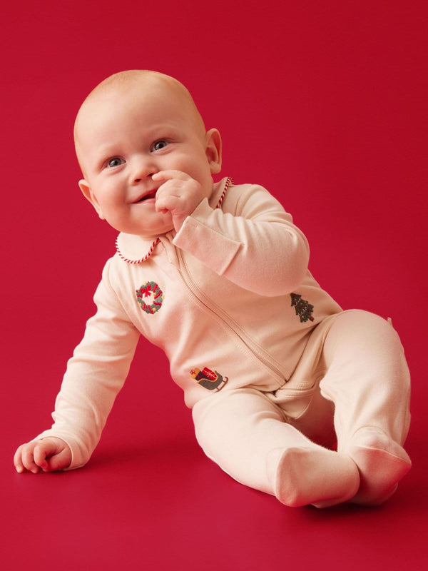 MORI Cream Christmas Embroidered Soft Cotton Two Way Zip-Up Sleepsuit - image 1