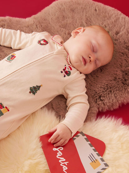 MORI Cream Christmas Embroidered Soft Cotton Two Way Zip-Up Sleepsuit - image 2