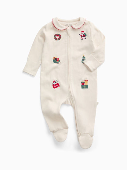 MORI Cream Christmas Embroidered Soft Cotton Two Way Zip-Up Sleepsuit - image 3
