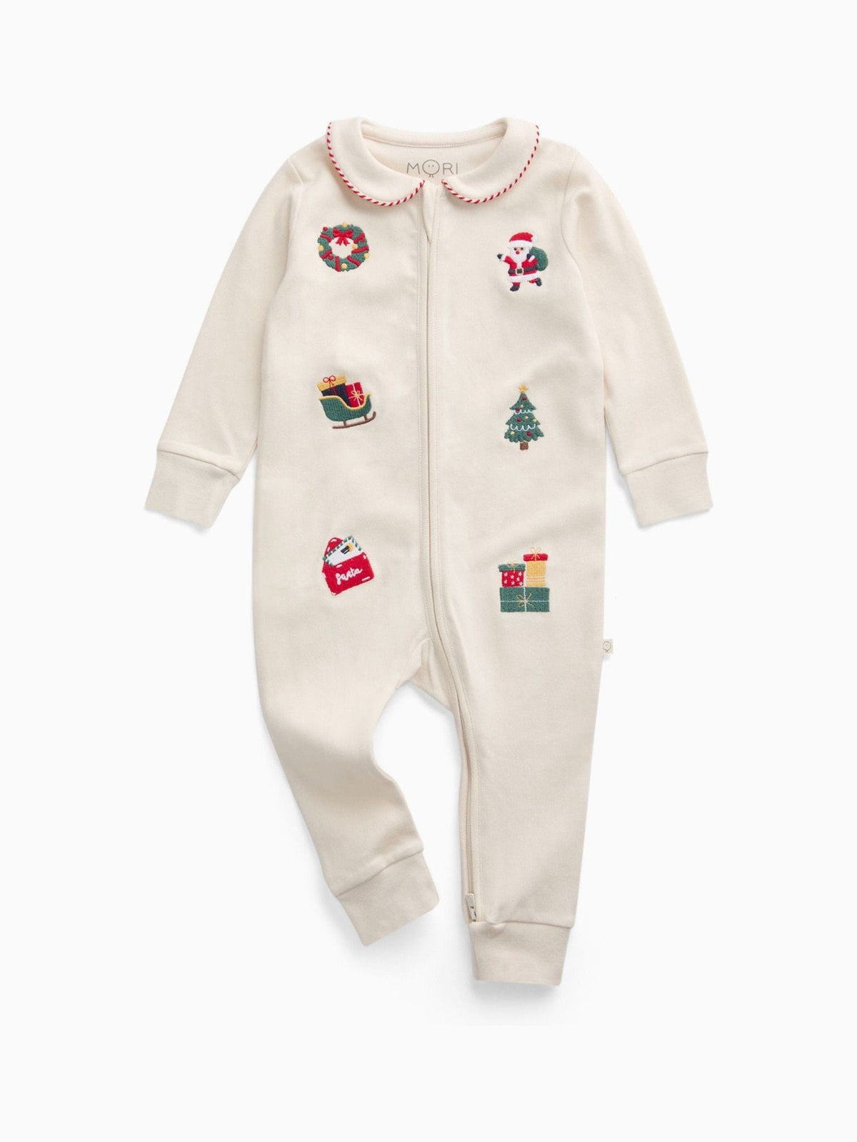MORI Cream Christmas Embroidered Soft Cotton Two Way Zip-Up Sleepsuit - image 4
