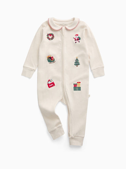 MORI Cream Christmas Embroidered Soft Cotton Two Way Zip-Up Sleepsuit - image 4