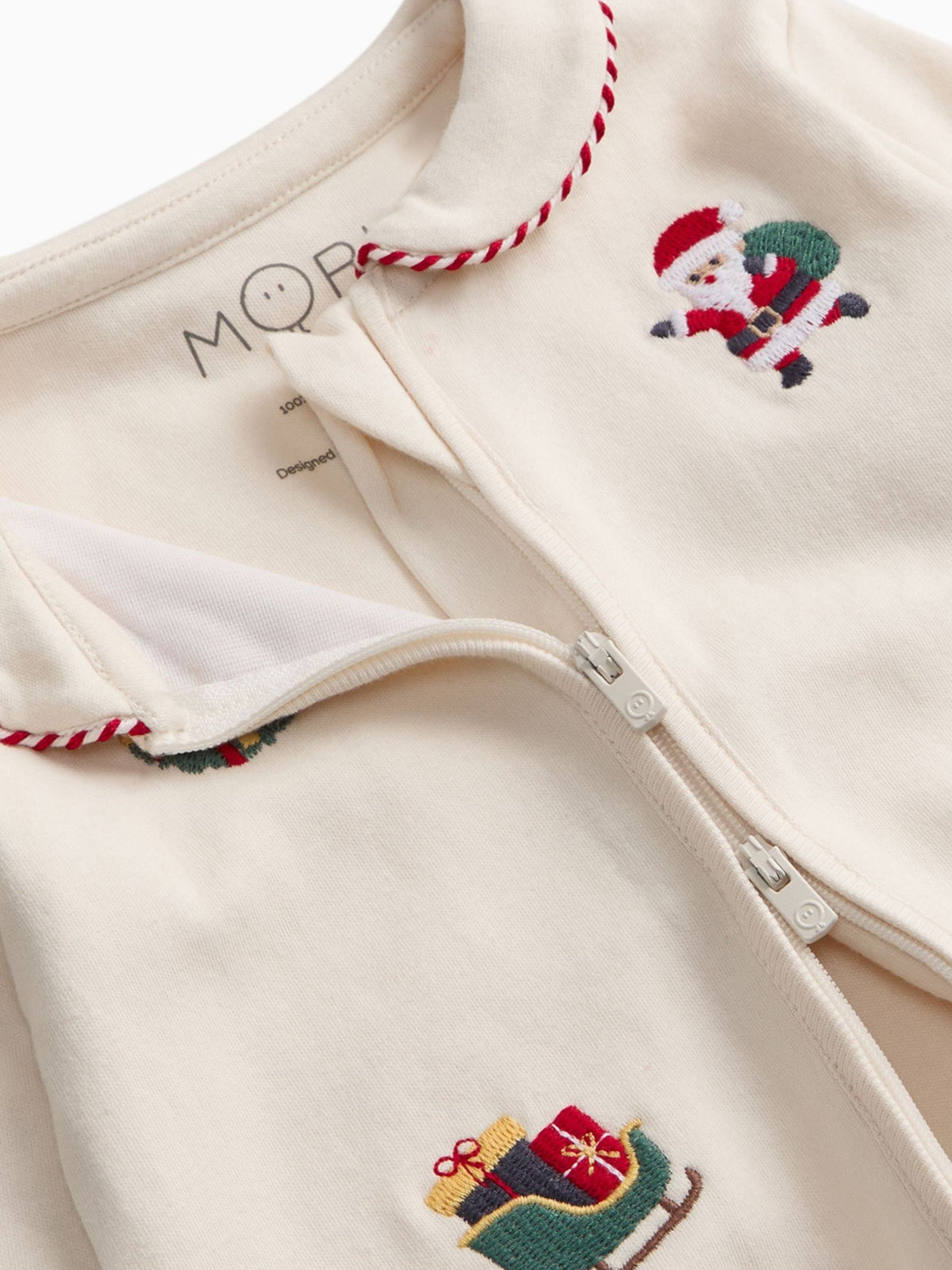 MORI Cream Christmas Embroidered Soft Cotton Two Way Zip-Up Sleepsuit - image 6
