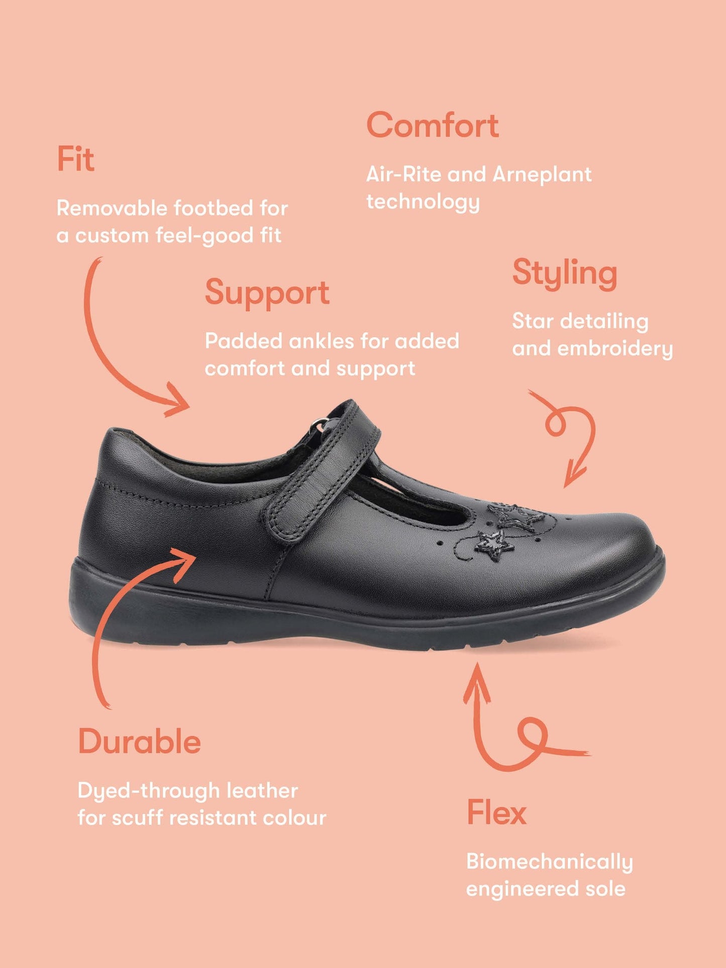 Start Rite Black Standard Fit Star Jump T-Bar Leather School Shoes image 7