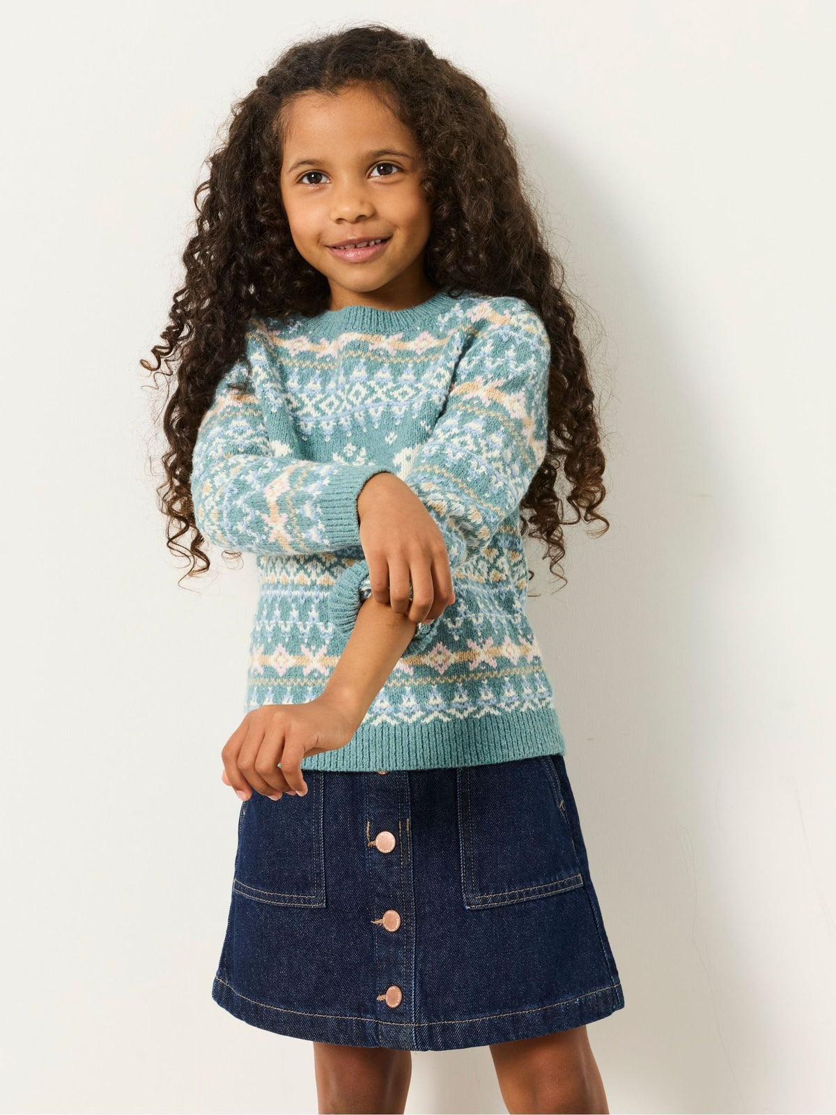 FatFace Kids Matching Family Teal Blue Reindeer Christmas Jumper (3-12yrs) - image 1