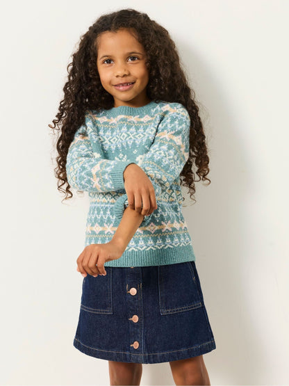 FatFace Kids Matching Family Teal Blue Reindeer Christmas Jumper (3-12yrs) - image 1