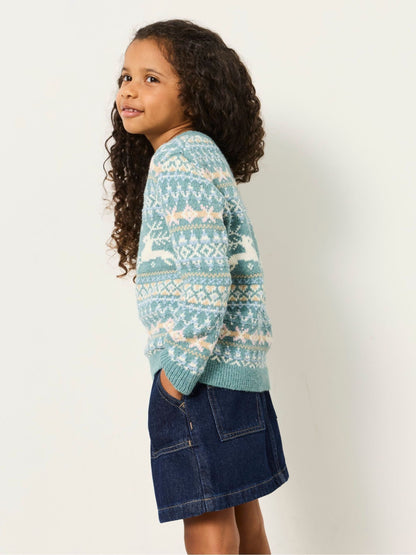 FatFace Kids Matching Family Teal Blue Reindeer Christmas Jumper (3-12yrs) - image 2