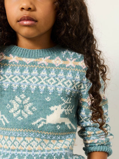 FatFace Kids Matching Family Teal Blue Reindeer Christmas Jumper (3-12yrs) - image 3