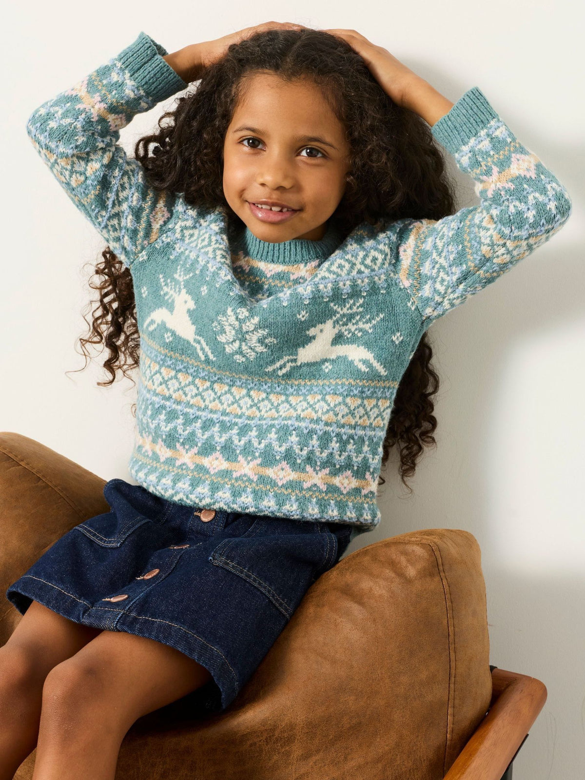 FatFace Kids Matching Family Teal Blue Reindeer Christmas Jumper (3-12yrs) - image 5