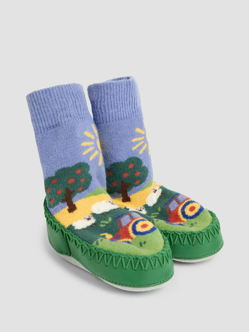 JoJo Maman Bébé Blue Farm Scene Moccasin Slipper Socks image 1