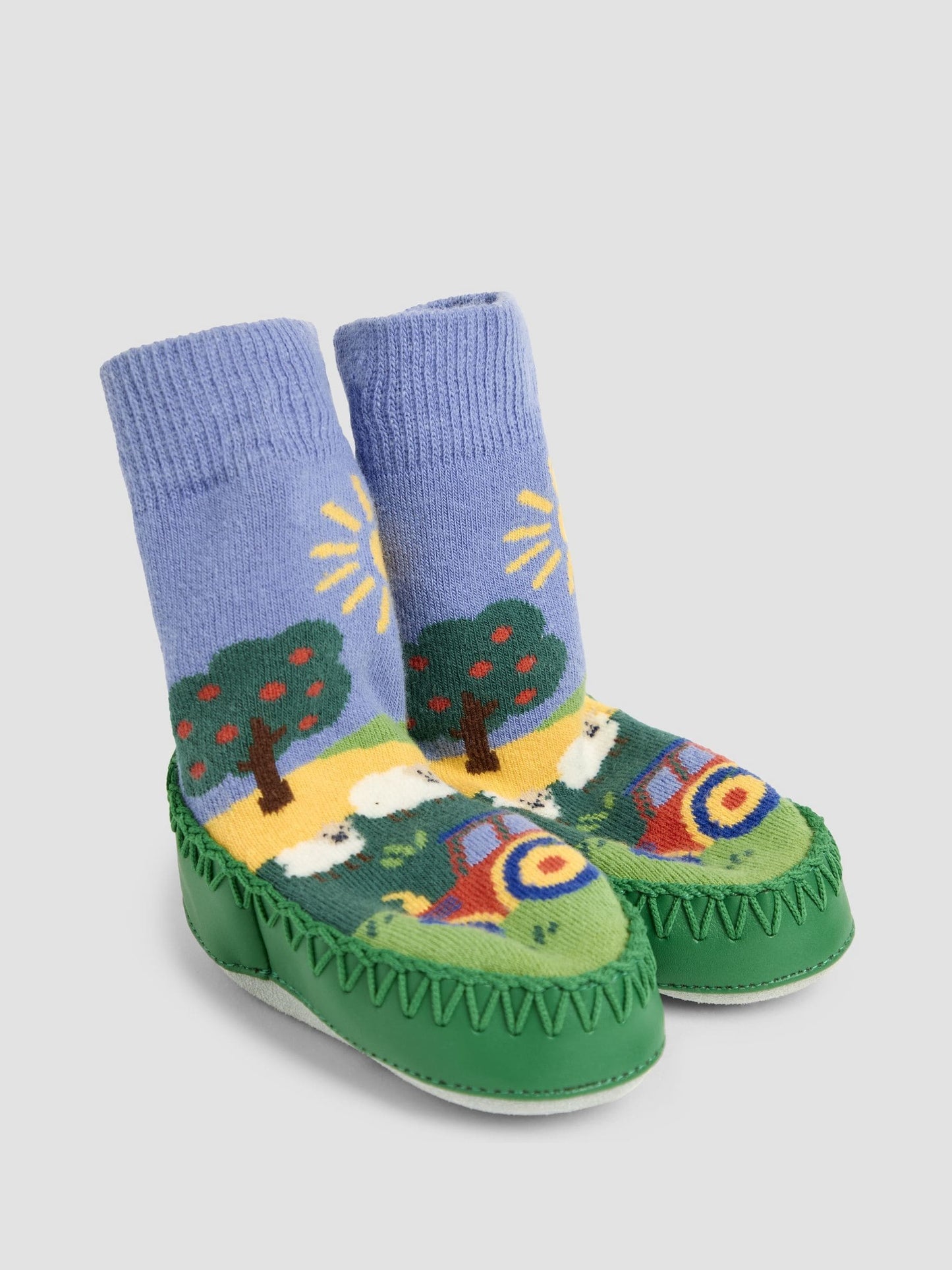 JoJo Maman Bébé Blue Farm Scene Moccasin Slipper Socks image 1