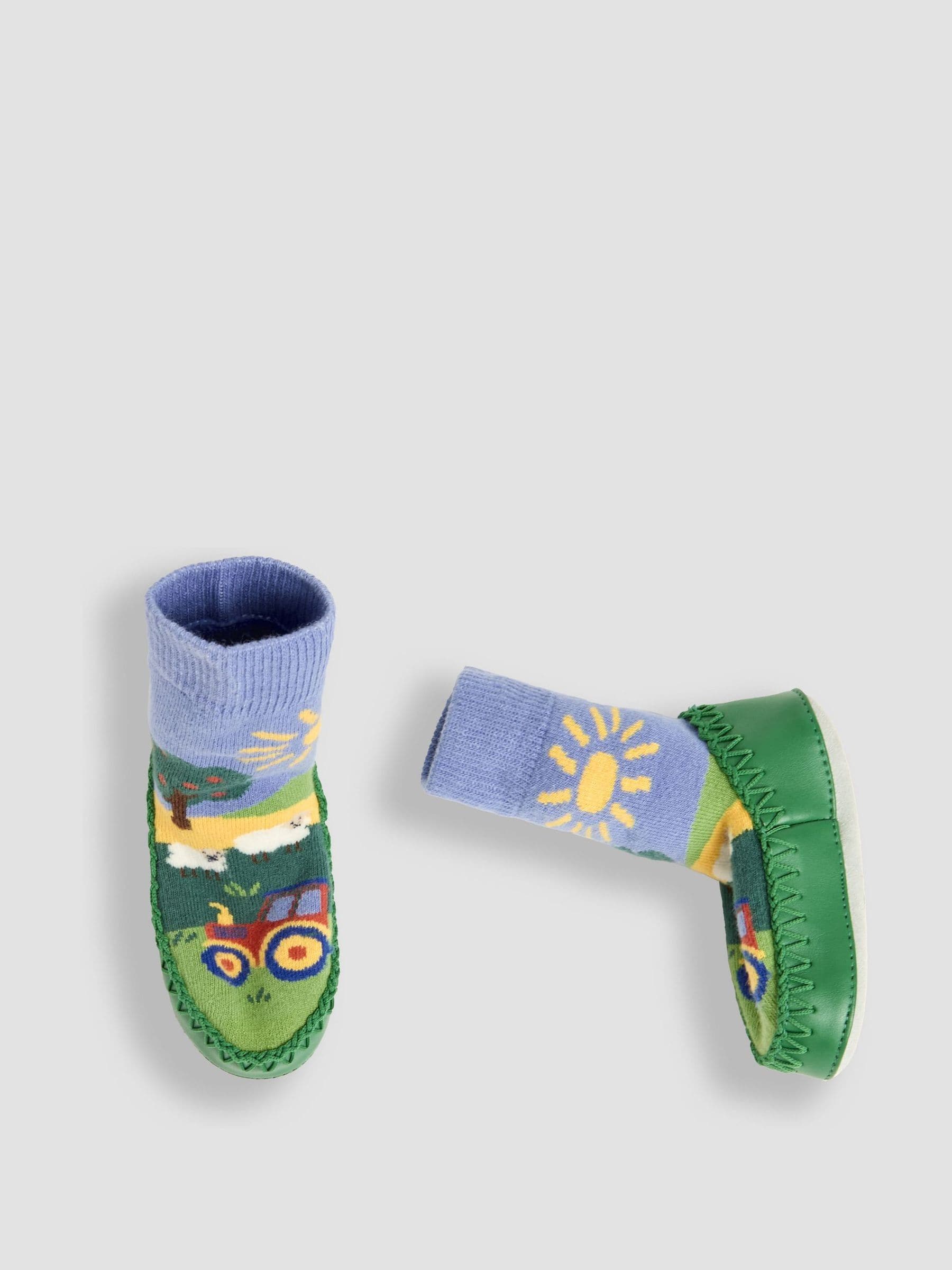 JoJo Maman Bébé Blue Farm Scene Moccasin Slipper Socks image 3