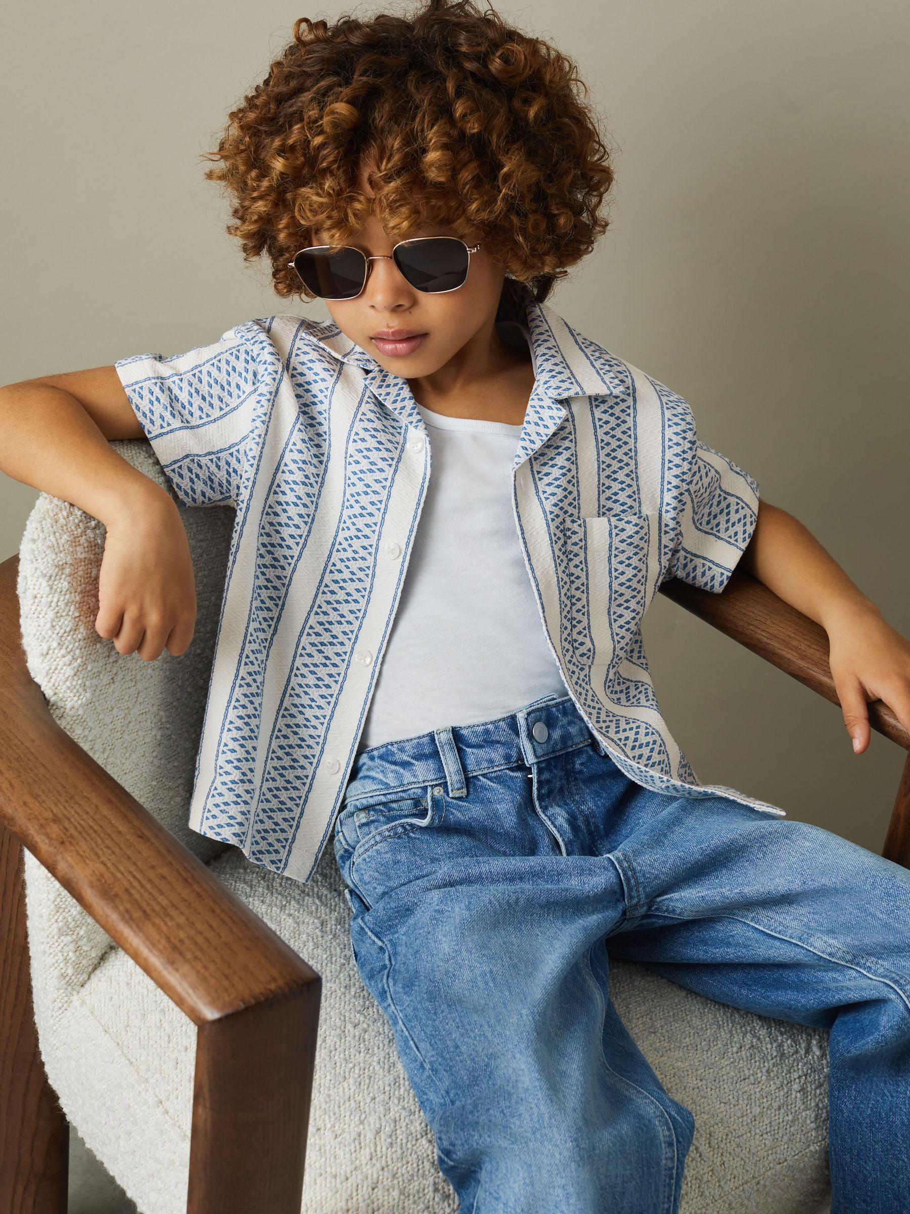 Dsiney Kidz - Reiss Blue/White Kesh 3-9 yrs Herringbone Cuban Collar Shirt image 1