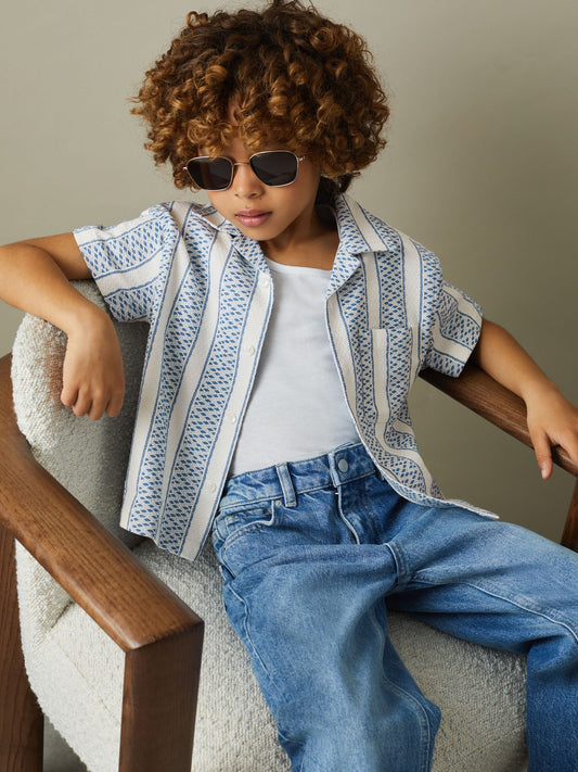 Dsiney Kidz - Reiss Blue/White Kesh 3-9 yrs Herringbone Cuban Collar Shirt image 1