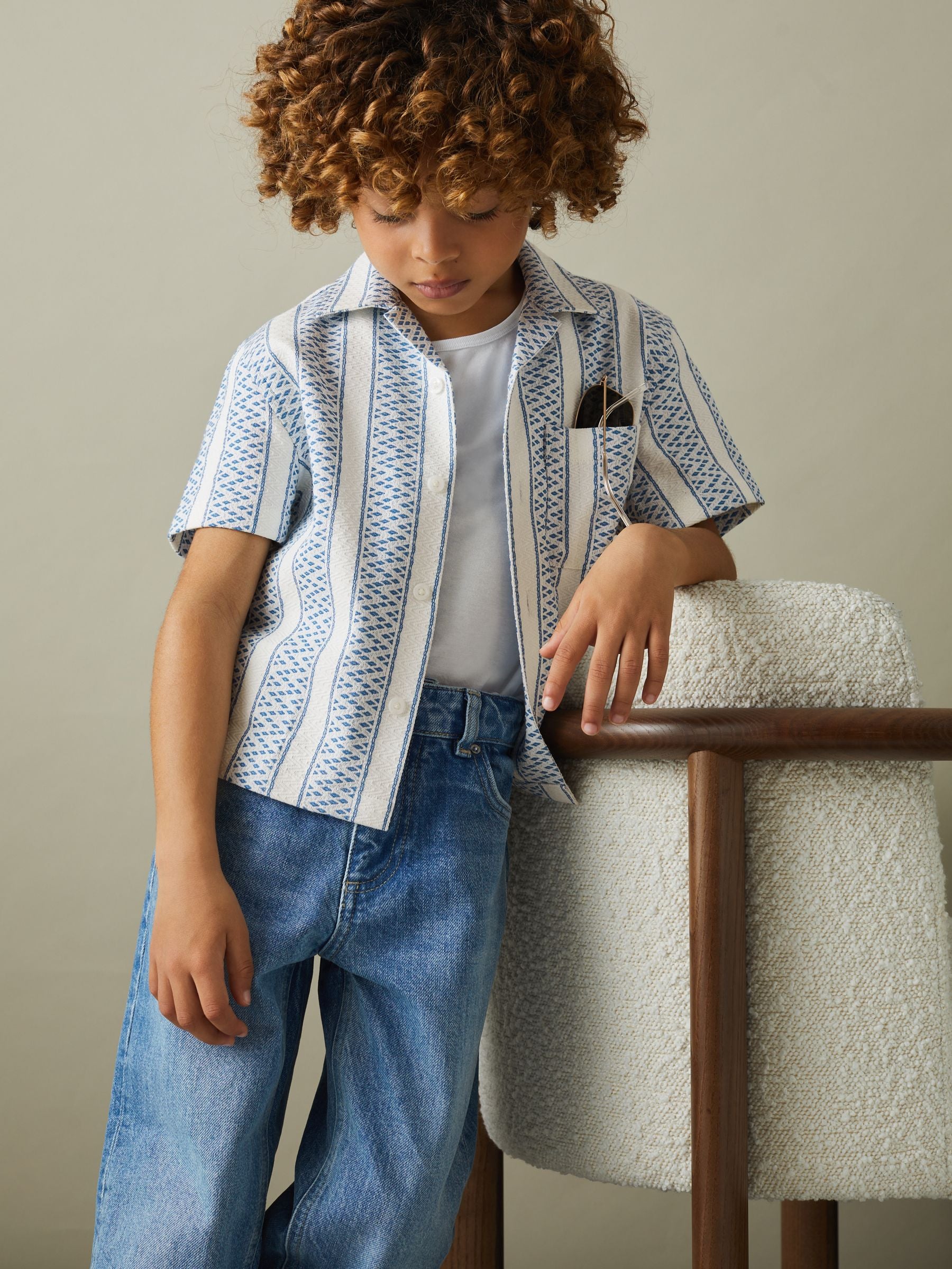 Dsiney Kidz - Reiss Blue/White Kesh 3-9 yrs Herringbone Cuban Collar Shirt image 3