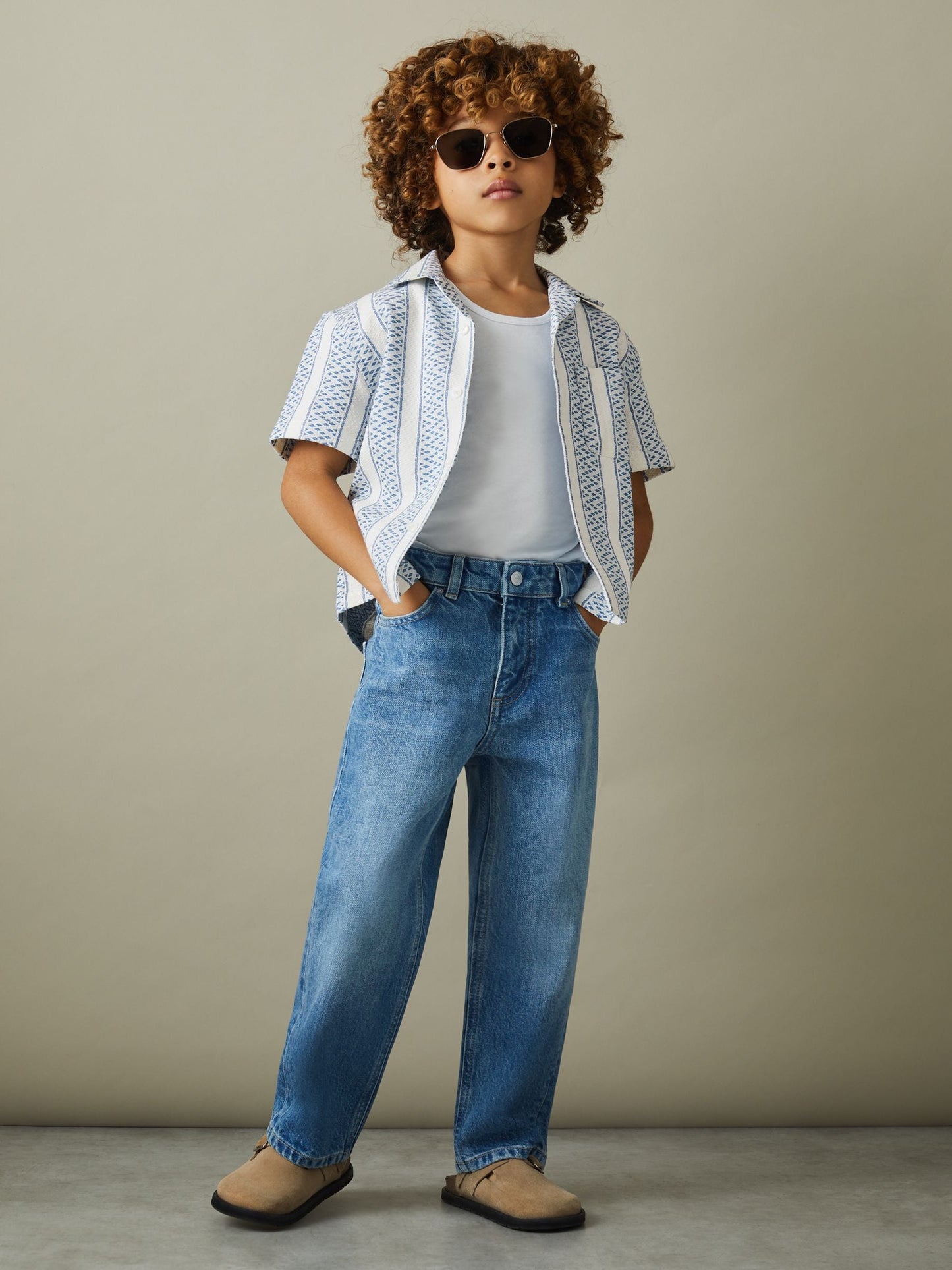 Dsiney Kidz - Reiss Blue/White Kesh 3-9 yrs Herringbone Cuban Collar Shirt image 4