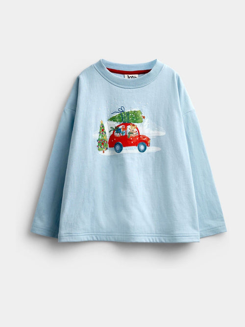 Dsiney Kidz - JoJo Maman Bébé Light Blue Christmas Tree Car Printed Top image 1