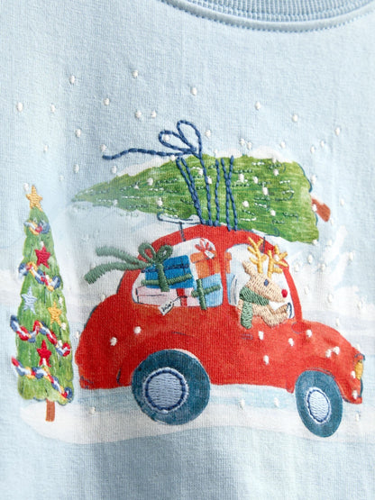 Dsiney Kidz - JoJo Maman Bébé Light Blue Christmas Tree Car Printed Top image 3