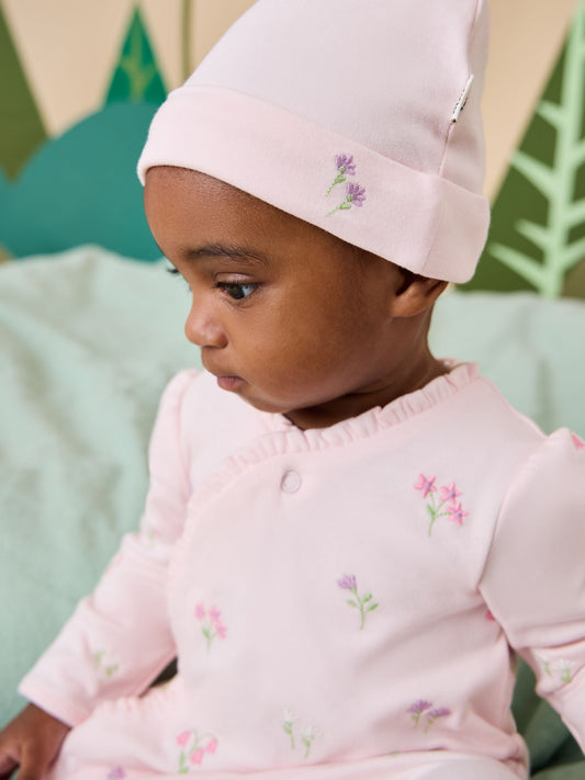 JoJo Maman Bébé Pink Floral Embroidered Wrapover Sleepsuit & Hat Set - image 1