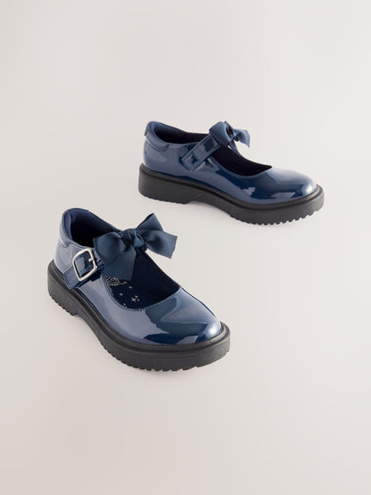 Navy Patent Standard Fit (F) Bow Chunky Mary Jane School Shoes image 1