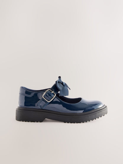 Navy Patent Standard Fit (F) Bow Chunky Mary Jane School Shoes image 2