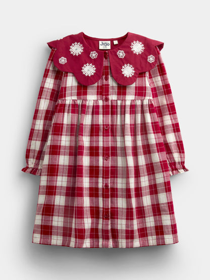 JoJo Maman Bébé Red Tartan Check Embroidered Collar Dress - image 3
