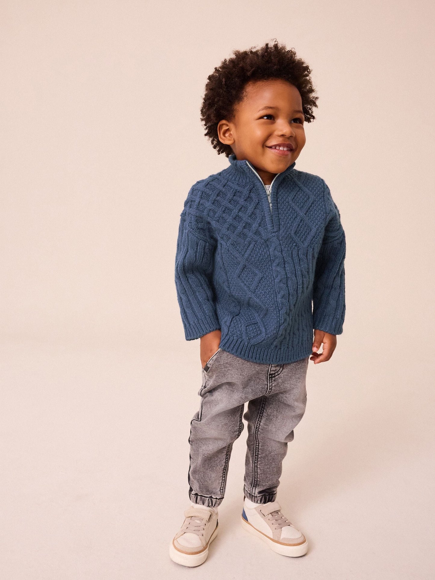 Navy Blue Cable Knit Zip Neck Jumper (3mths-7yrs)