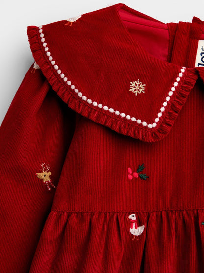 Dsiney Kidz - JoJo Maman Bébé Red Christmas Embroidered Cord Dress image 3